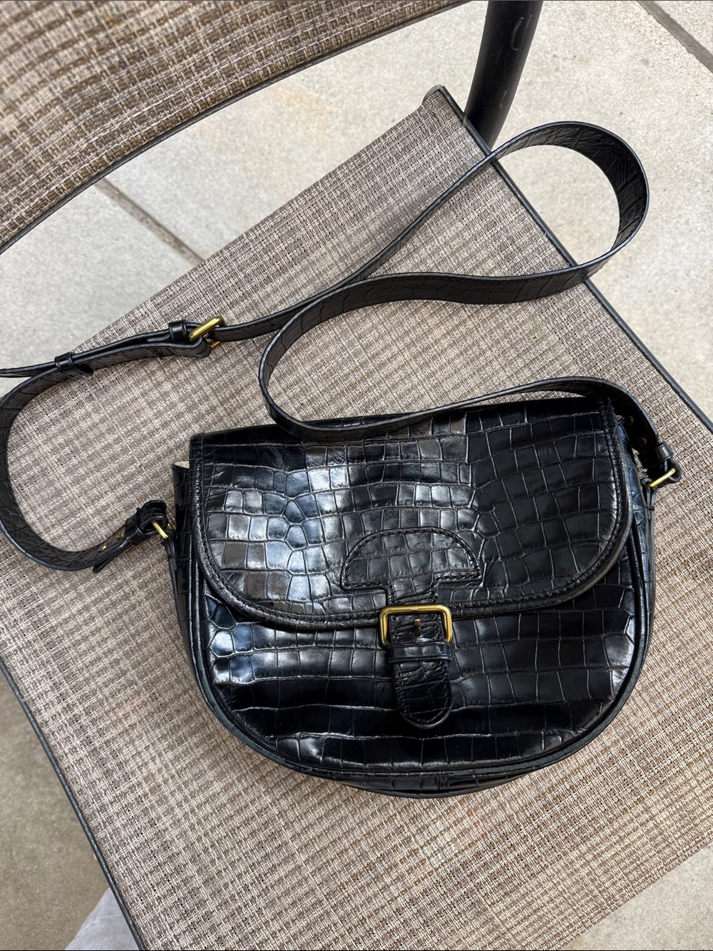 J. Crew Black Croc-Embossed Leather Saddle Crossbody